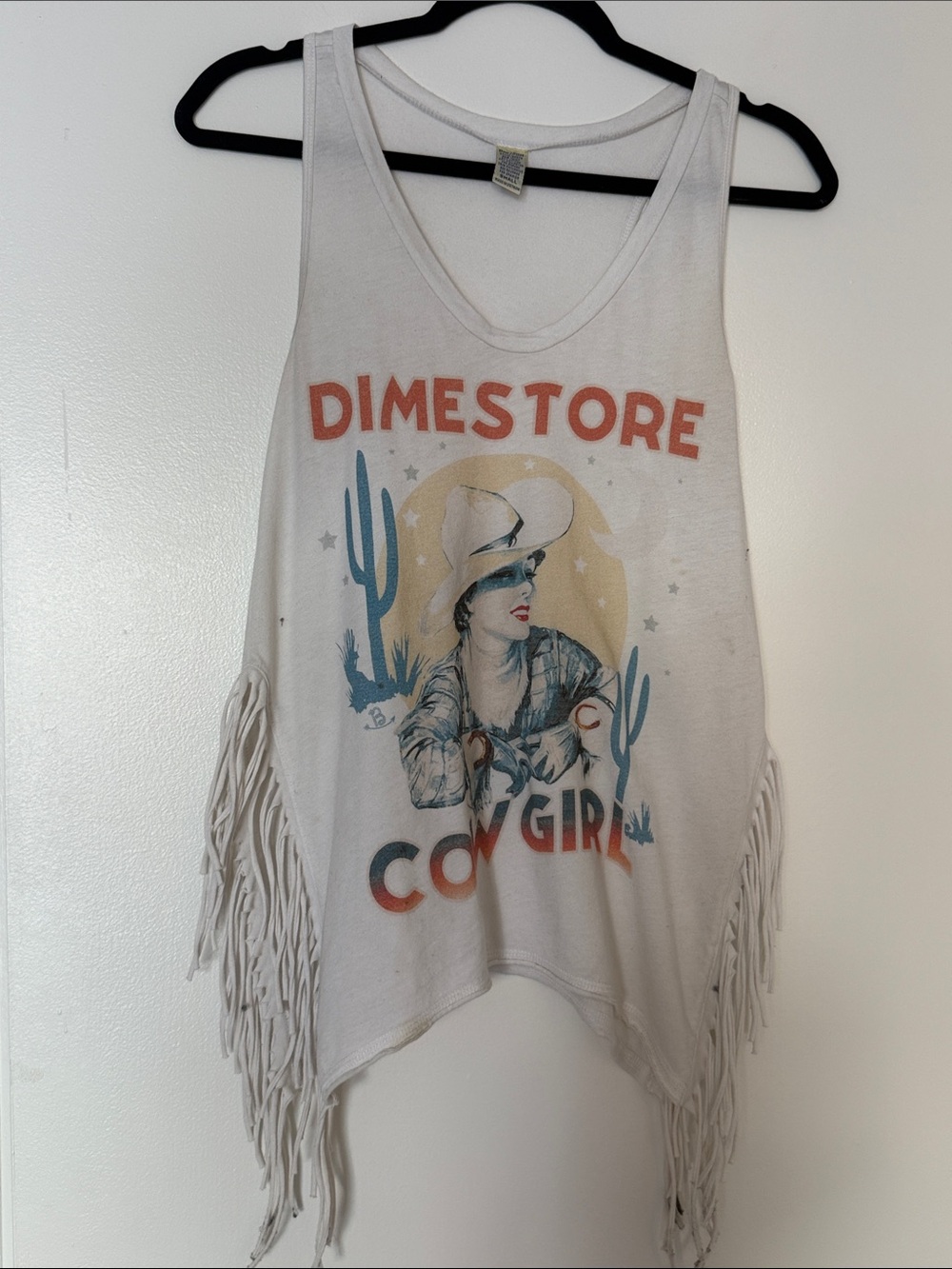 DIMESTORE Cowgirl Fringe Tank Top - White Graphic